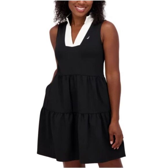 NWT NAUTICA Tiered Dress Size XXL Black White Sleeveless Collared Mini Pockets - Picture 3 of 13
